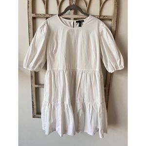 AQUA Womens White Cotton Poplin Tiered Puff Sleeve Mini Babydoll Dress Size M